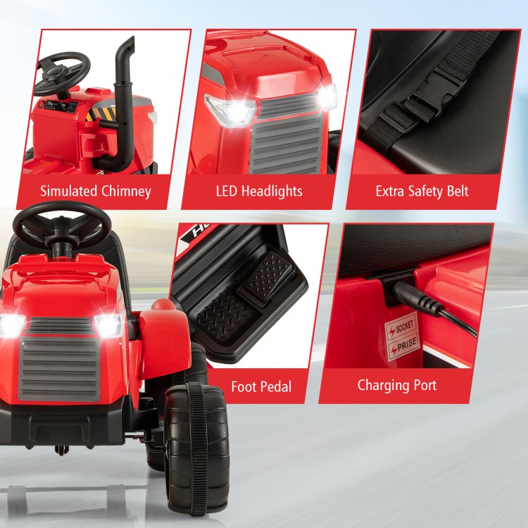 Close-up of the 12V Kids Ride On Tractor's LED headlights, foot pedal, and charging port for safe, fun playtime.